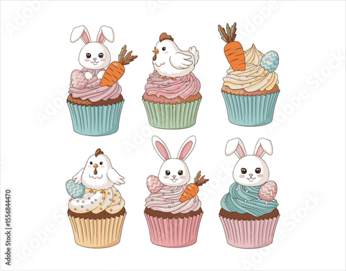Sweet Easter cupcakes showcasing a rabbit, a chicken, and a carrot. Vector illustration on a plain white background.

