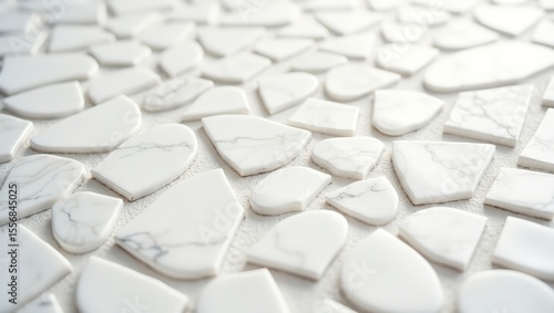 Close-up of an abstract white stone mosaic tile pattern, ideal for use in home decor, wall surfaces, or backgrounds.