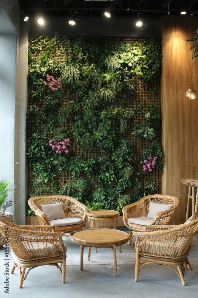 Fototapeta premium Cozy cafe interior with lush wall plants