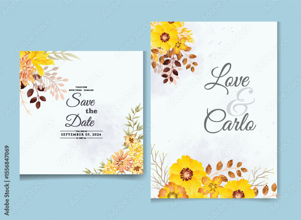 Naklejka premium Watercolor Floral Wedding Invitation and RSVP Template Set