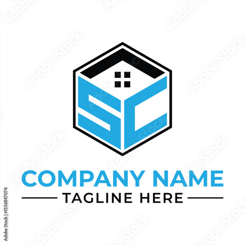 Modern SC Real Estate Logo Design with Hexagon House Shape and Company Name Branding for Business Identity