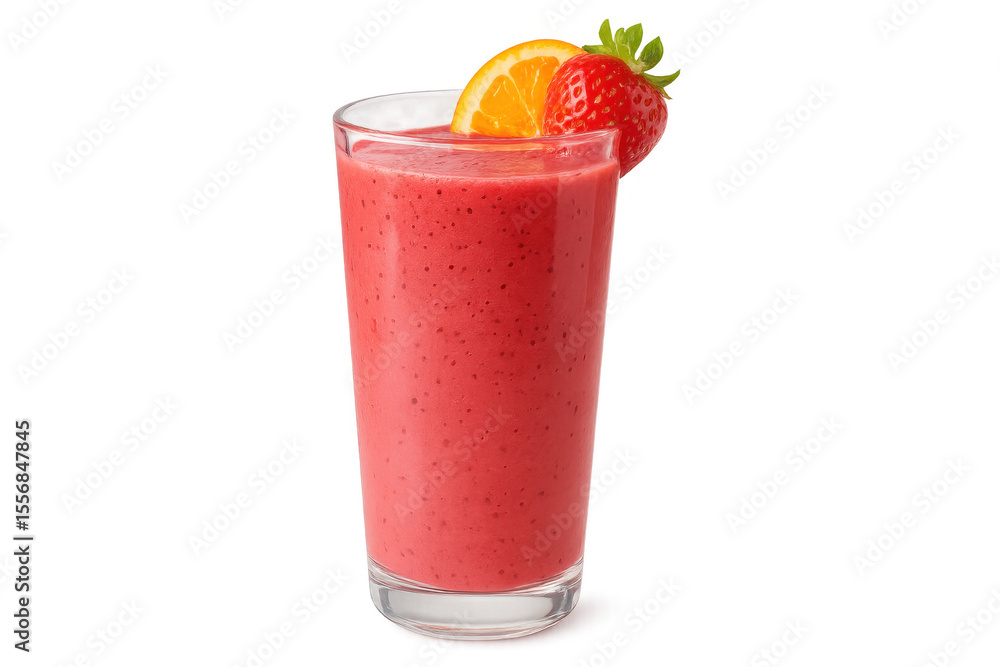Creamy strawberry smoothie garnished with orange slice and fresh strawberry, resting on transparent surface Creamy strawberry smoothie garnished with orange slice and fresh strawberry, resting on transparent surface