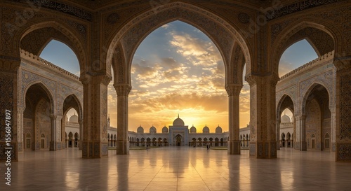 Ornate mosque arches embrace a sunset