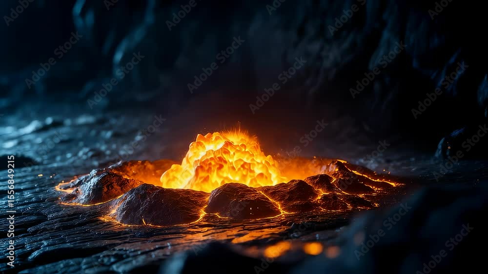 Molten Rock Erupting in Crater with Fiery Debris Molten Rock Erupting in Crater with Fiery Debris