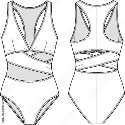 CAD swimsuit sketch, one piece swimwear design, cross strap cutout, technical flat illustration, front and back view, fashion vector drawing, activewear style,cad drawing flat vector illustration