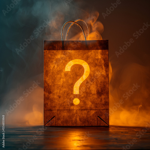 Mysterious Shopping: A Bag with a Question Mark Shrouded in Smoke and Intrigue.