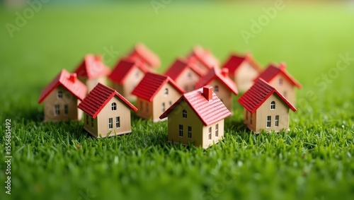 Tiny model houses with red roofs arranged in a circle on artificial grass, symbolizing real estate, community, or neighborhood planning.