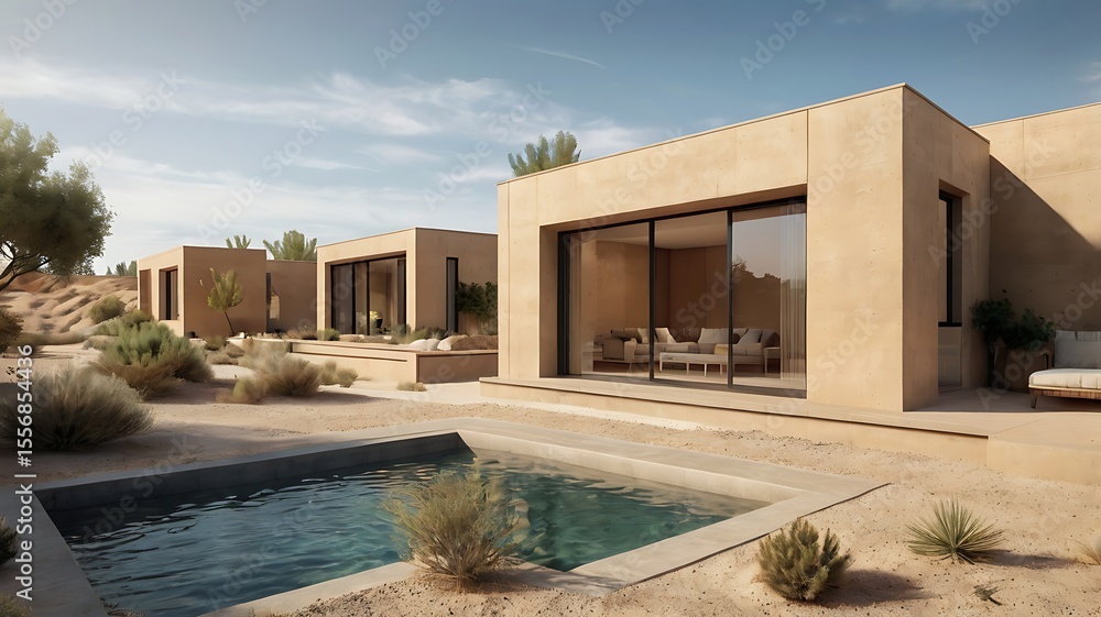 Fototapeta premium Contemporary terrace houses in desert landscape, flat roofs, sand textures, 3D rendering