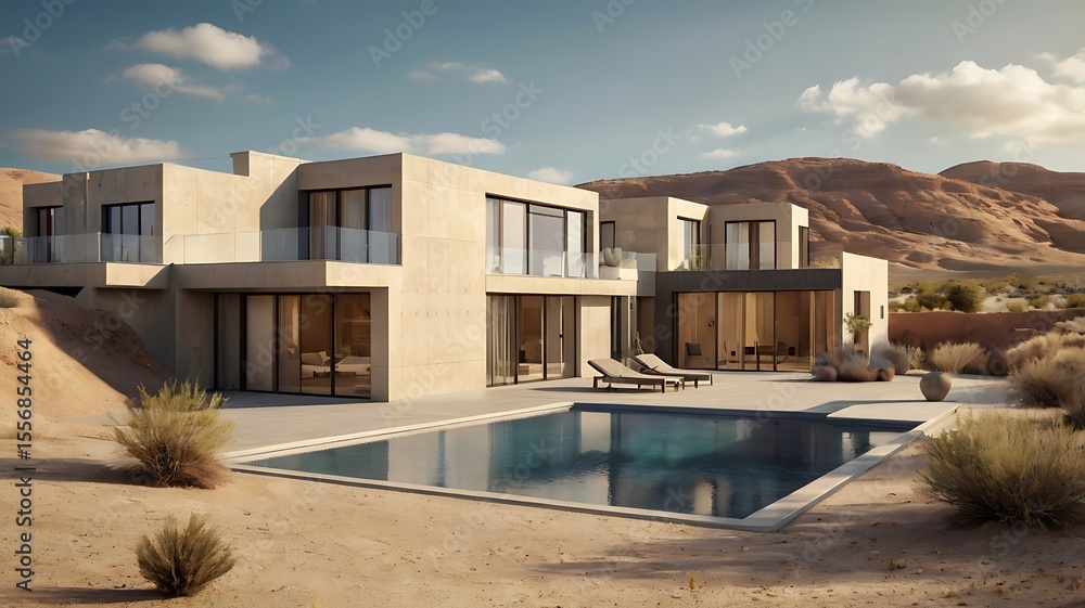 Fototapeta premium Contemporary terrace houses in desert landscape, flat roofs, sand textures, 3D rendering
