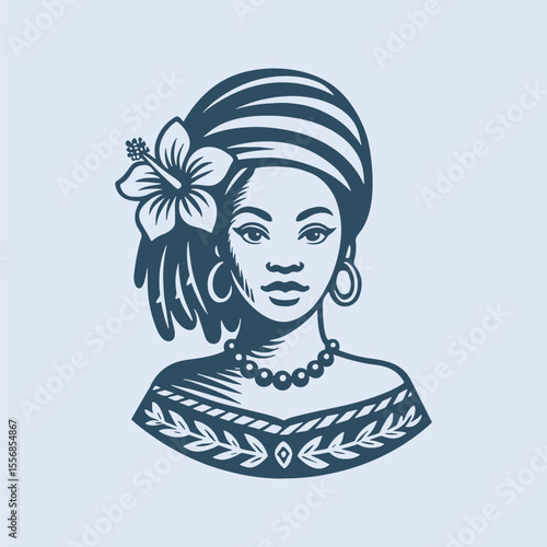 Beautiful young jamaican woman in traditional clothing. Retro vector illustration suitable as a logo, for textile printing or advertising of all kinds.