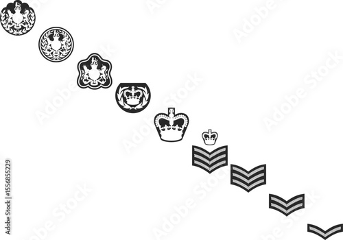Army ranks from junior corporal to senior warrant officer, army rank icons silhouettes in black colors.