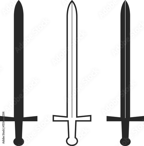 Icons of a large classic sword in three versions, line, isolation, silhouette in black, knight's sword with a large and long blade.