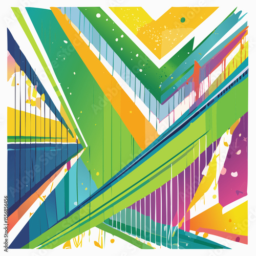 vibrant tropical greens and deep oceanic blues contrasted with sharp structured angular urban geometry elements