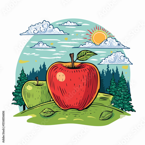 Washington grown apples including red delicious and honey crisp in a stylized regional harvest design