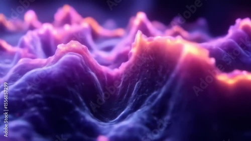 An abstract landscape features purplish peaks with orangeglowing crests set against a dark background