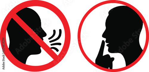 Keep quiet. silent please sign. Crossed person talking. Shhh icon in circle.