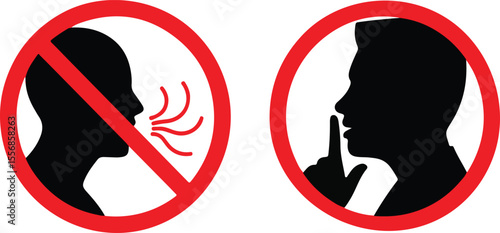 Keep quiet. silent please sign. Crossed person talking. Shhh icon in circle.