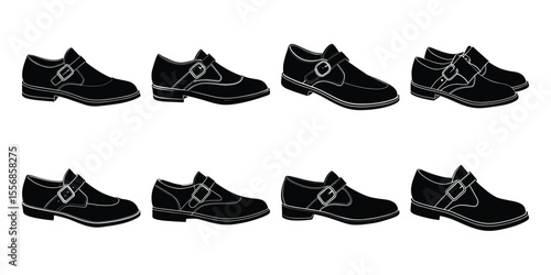 Stylish and fashionable monk strap shoes silhouette collection on white background.