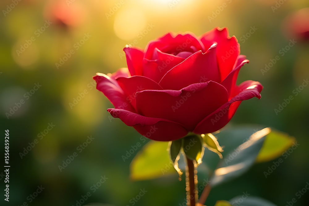 Red rose blooming in a sunlit garden with vibrant petals, surrounded by soft green leaves and dreamy depth of field, elegant composition Red rose blooming in a sunlit garden with vibrant petals, surrounded by soft green leaves and dreamy depth of field, elegant composition