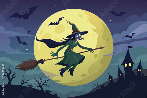 Four charming cartoon witches gather around a blazing cauldron outdoors under a starry night sky.