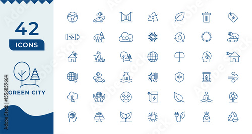 Green city icon set. Eco related line icons: environment, ecology, green energy, zero waste, CO2 neutral, air, water quality, nature and more.