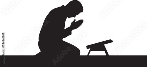 Black Silhouette Man Kneeling Islamic Prayer Rug Tasbeeh vector