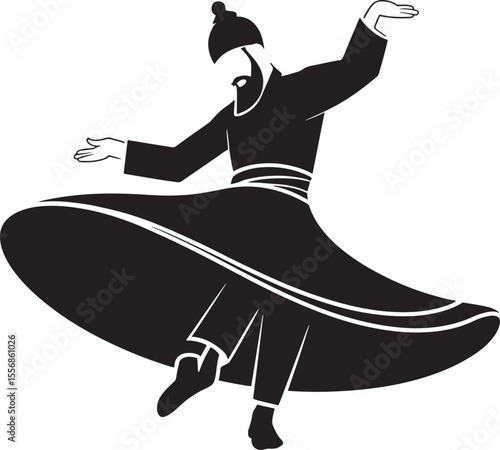 Black Silhouette Whirling Dervish Islamic Religious Dance Costume Art vector