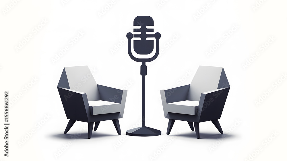 Fototapeta premium Minimalist Black and White Podcast Setup with Two 3d Chairs and Microphone for YouTube Thumbnail