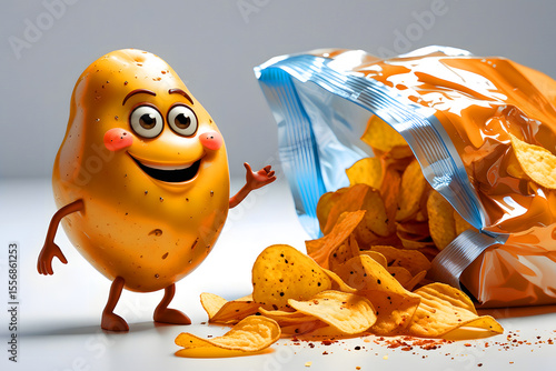 Happy Cartoon Potato Character with Fried Crispy Potato Chips Spilling from Snack Bag