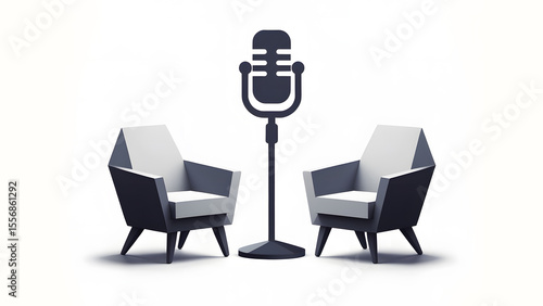 Minimalist Black and White Podcast Setup with Two 3d Chairs and Microphone for YouTube Thumbnail