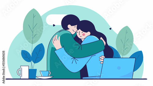 Warm Embrace of Togetherness: Two figures are locked in a tight hug, a vivid expression of comfort and support amidst an environment of unity and connection, and demonstrating a moment of empathy.