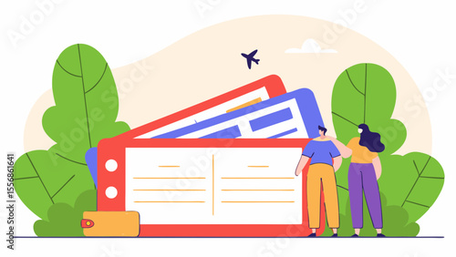 Journey Unfolds: a modern illustration depicting a couple, poised, prepared to embark on their eagerly-anticipated travels, focusing on tickets. 