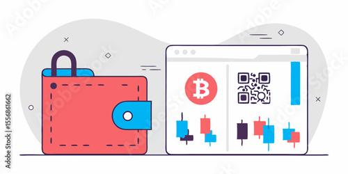 Cryptocurrency Wallet and Trading: A modern graphic showcases the fusion of financial tools. It features a secure wallet alongside a trading platform displaying crypto analytics and a QR code.
