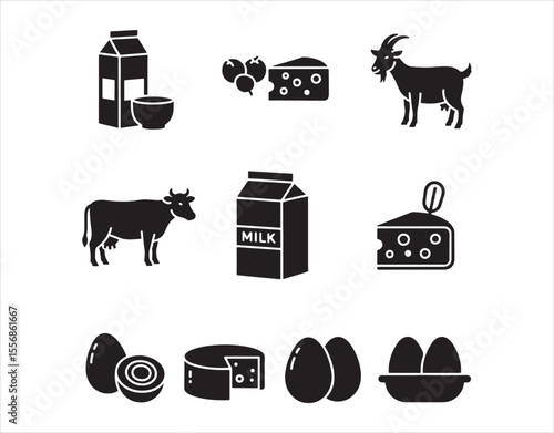 Dairy products icon in dark mode. Milk from cows and cheese from goats. Eggs for cooking. Nutritious food items. Healthy eats. Silhouette symbol.