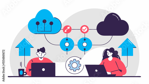 Cloud Collaboration in the Digital Realm: Two individuals engage in seamless data exchange and work within a virtual cloud network.