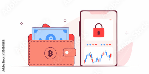 Secure Digital Wallet: A graphic depiction of a digital wallet, filled with currency, alongside a smartphone screen showcasing secure financial transactions.