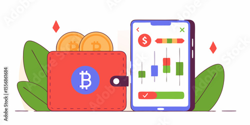 Digital Asset Ecosystem: An illustrated view of a wallet brimming with bitcoin next to a smartphone displaying market charts, representing the dynamic world of digital finance.