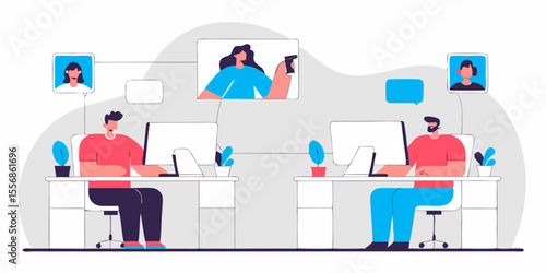 Digital Connection: Two people are working in the office connected with others with monitor and smartphone