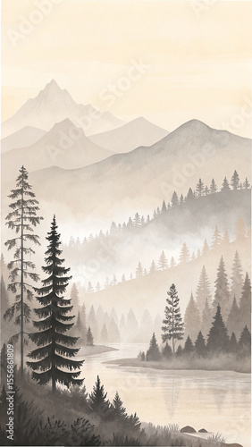 Watercolor landscape with mountains trees and river in warm gray tones