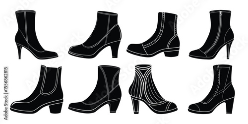 Vector art of a set of eight stylish womens boots isolated on white background.