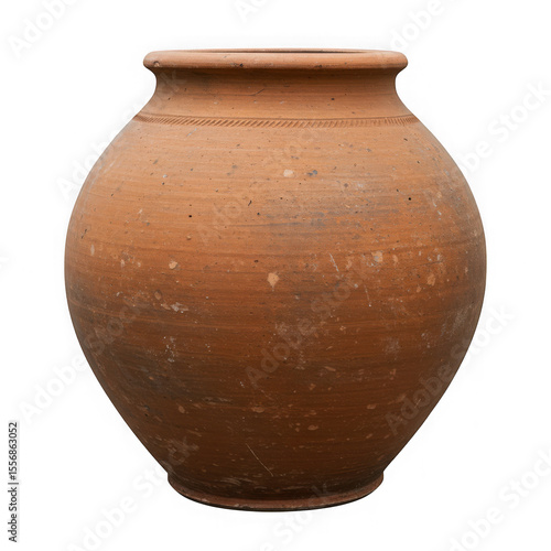 Rustic terracotta amphora pot with decorative rim detail isolated on transparent background