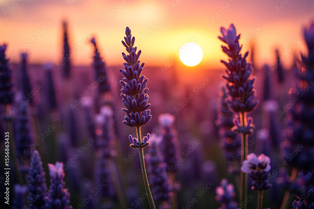 Obraz premium Lavender flowers glowing under golden hour light with soft background blur, deep purple tones, and cinematic shadows for wellness, fragrance, and floral brand campaigns.