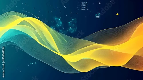 Abstract wave of vibrant colors flowing through a digital landscape with scattered data points and nodes