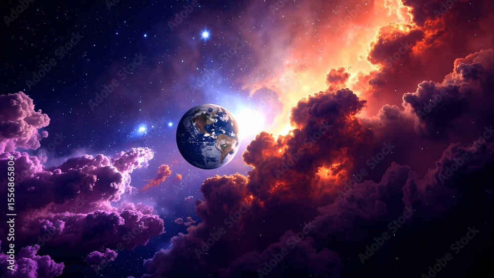 Obraz premium Vibrant Cosmic Nebula with Distant Planet.