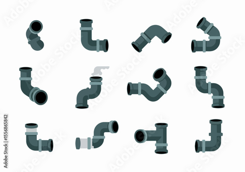 Plumbing and industrial pipe components in a set against a white background.