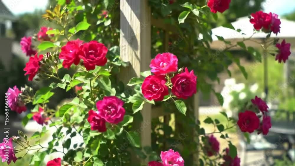 Charming Red Roses Climber Frame Against Serene Backyard On Sunny Day Charming Red Roses Climber Frame Against Serene Backyard On Sunny Day