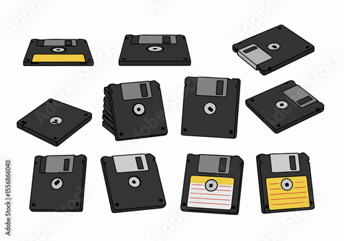 Illustration of various retro floppy disks in different positions and angles, representing obsolete data storage technology and computer nostalgia on a white background.