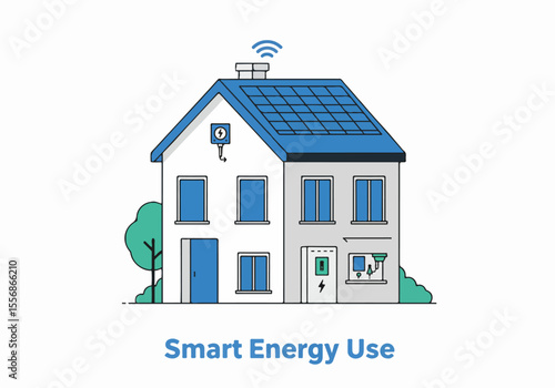 Smart Home with Solar Panels, EV Charging, and Energy Monitoring Illustration