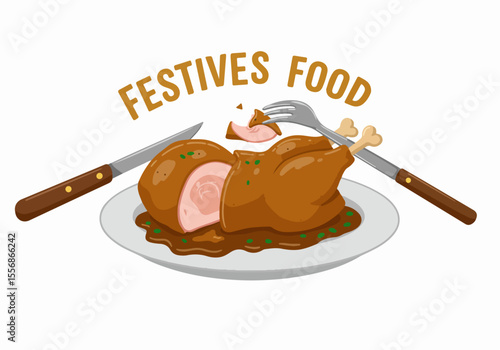 Festive holiday meal graphic illustration of roasted turkey or chicken with gravy, perfect for seasonal designs and food concepts.
