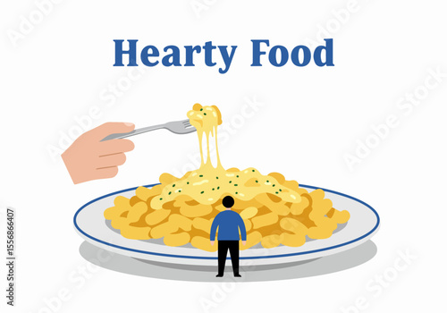 Tiny person facing a giant plate of hearty macaroni and cheese, with a fork pulling stringy melted cheese.
